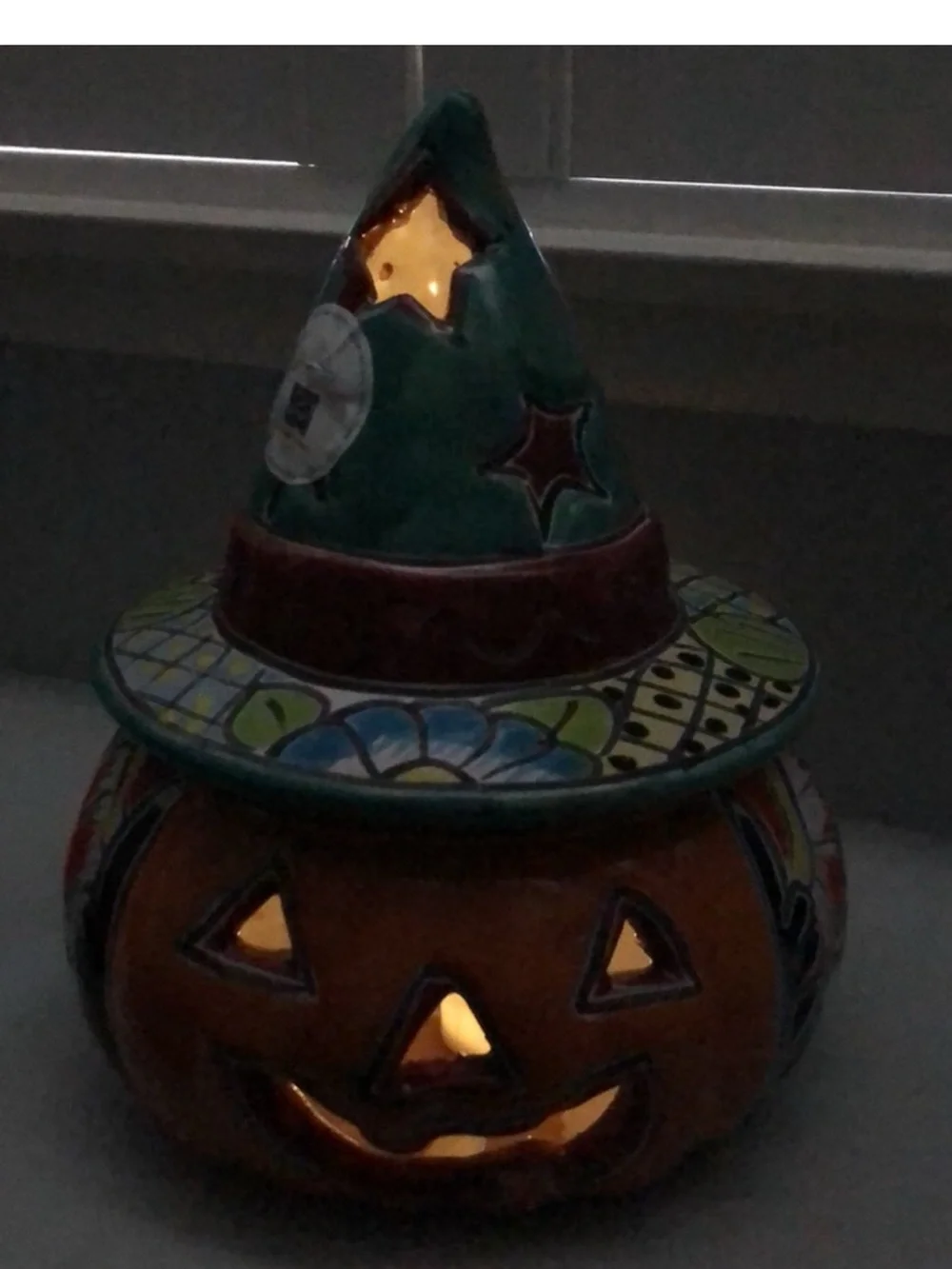 Talavera Colorful Ceramic Jack-O'-Lantern with Witch Hat